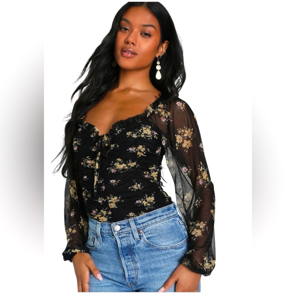 Lulu's Black Mesh Floral Semi Sheer Bodysuit Size XL